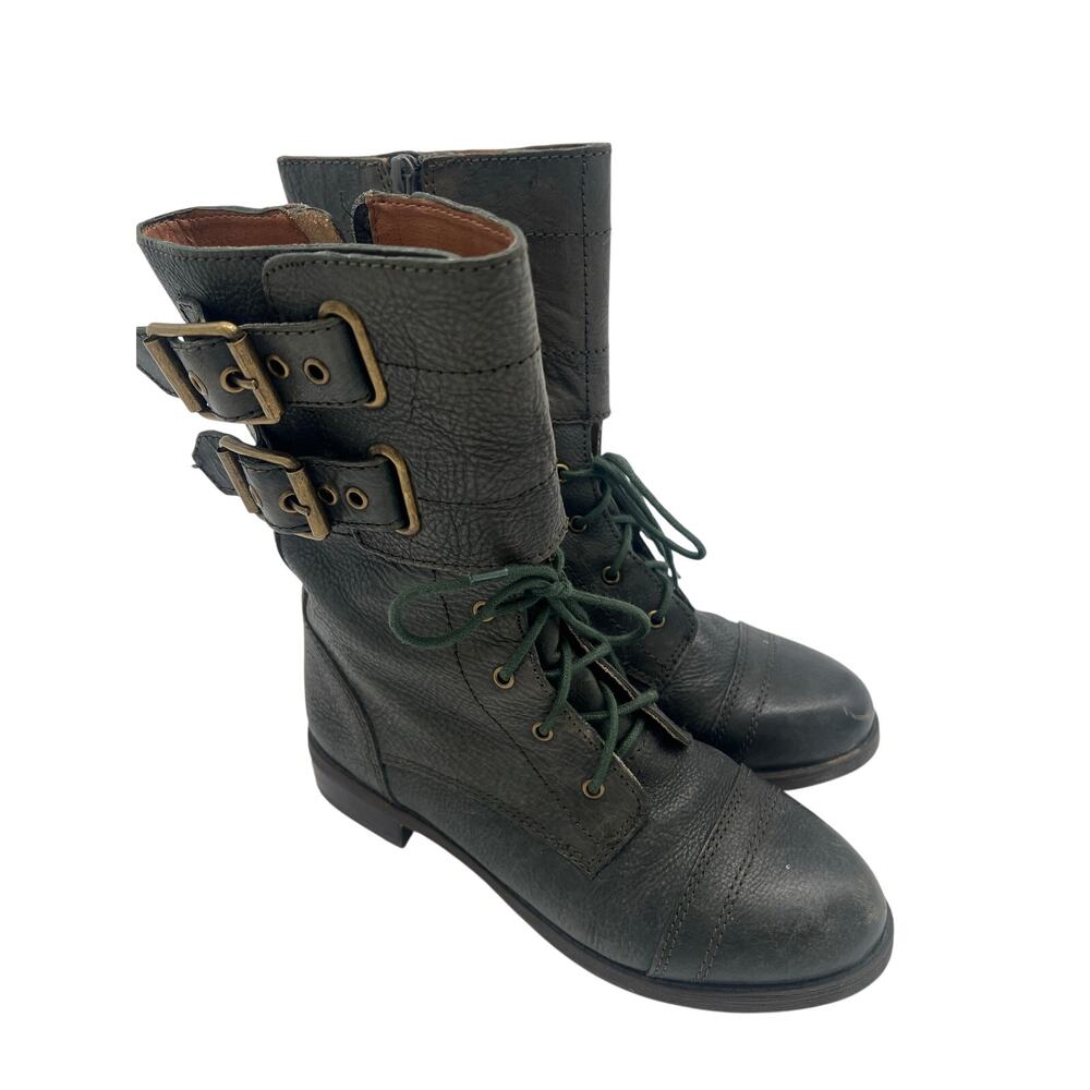 Lucky Brand Womens Glora Combat Boots 6.5 Dark Green Leather Buckle Lace Up Zip